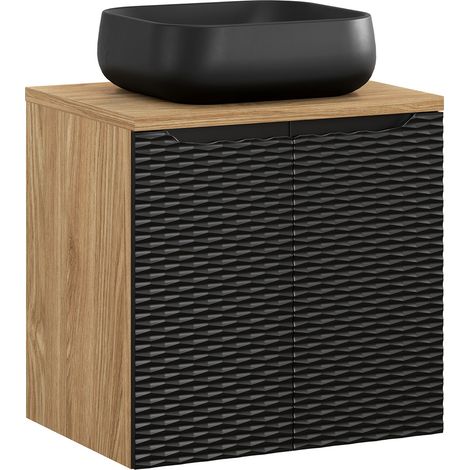 Waschtisch 60cm in Eiche mit schwarz, OLUO-56-BLACK, Front mit 3D-Struktur in Wellenoptik (1/5)