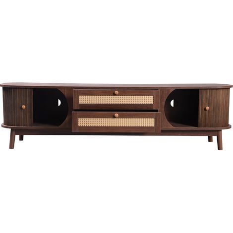 Mueble TV de MDF natural con puertas y cajones efecto ratán, 170 x 39,5 x 46 cm (1/5)
