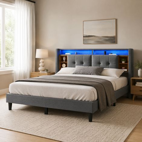 Lit 160x200 avec tête de lit rangement LED gris HAVRYA (1/5)