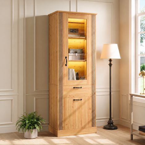 Armoire vitrine colonne de rangement, meuble de salon bibliothèque avec éclairage LED connecté et porte vitrée, 1 tiroir et étagères en panneaux de particules, 62x41x180cm, Naturel (1/5)
