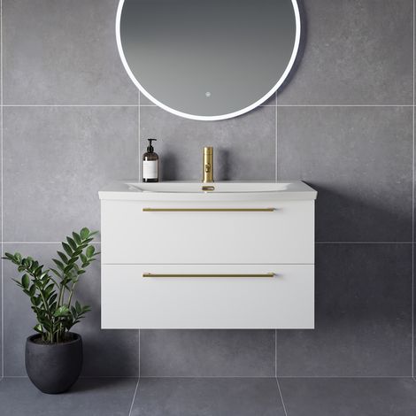 Napoli 390 Gloss White 800mm Wall Mounted 2 Drawer Vanity Unit with Arc Basin - 800mm - Brushed Brass 480mm Handle