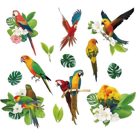 Tropical Plants Parrot Wall Stickers Green Leaf Birds Watercolor Flower Vinyl Wall Sticker Kids Nursery Bedroom Living Room DIY Art Home Decor Decorative Stickers