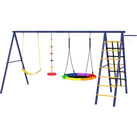 Portique balancoire exterieur 6 en 1 avec 3 balançoires, panier de basket, échelle d'escalade et filet, multicolore