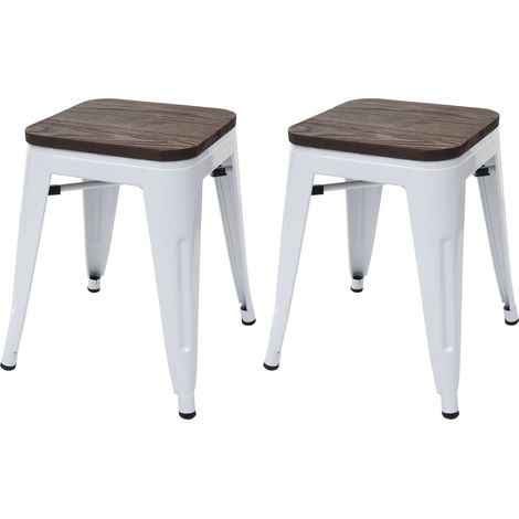 Juego de 2 taburetes HHG-397 incl. asiento de madera, taburete de metal asiento taburete, metal diseño industrial apilable, blanco