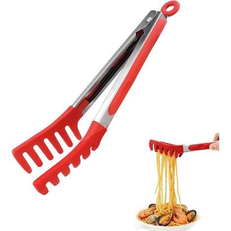 Pinze per pasta in acciaio inox, manici in silicone per spaghetti, ideali per cucinare la pasta, grigliare, campeggiare, preparare insalate, barbecue e buffet di ristoranti. (1/5)