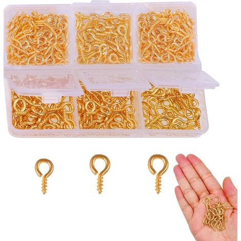 Lot de 400 petits crochets à visser - Œillets à vis - Petits crochets à visser - Vis à anneau - Avec boîte de rangement - 3 tailles - Doré - Œillets pour bijoux, breloques, perles (1/5)