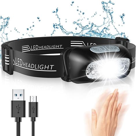Lampe Frontale, LED Puissante avec Capteur Mouvement, IPX6 Étanche, 4 Modes d'Eclairage, Rechargeable USB (1/5)