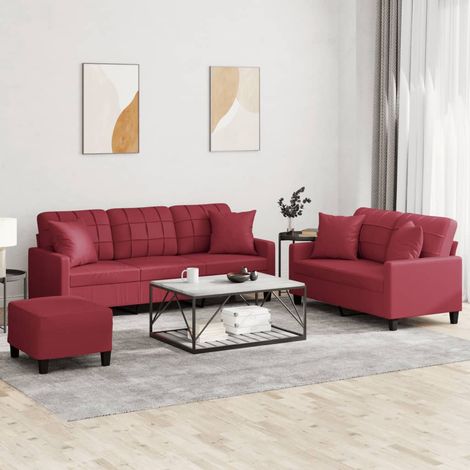 3-tlg. Sofagarnitur mit Kissen Weinrot Kunstleder (1/5)