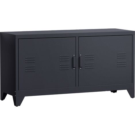 Homcom – Meuble TV industriel en acier noir – 119x40x63,5 cm – 2 placards, 2 étagères, 4 passe-fils – Charge max 50 kg (1/5)