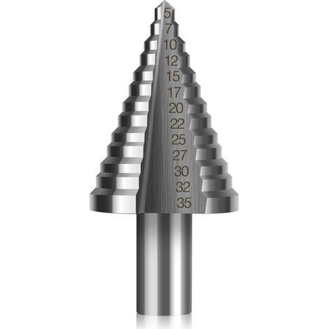 Stufenbohrer, doppelt geschlitzt, konisch (5–35 mm) mit Titanbeschichtung, massiv, ideal zum Bohren mit dem Schraubendreher in Stahl, Holz, Messing, Aluminium und PVC