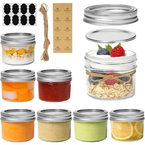 Set di 8 mini barattoli Mason da 120 ml con apertura standard, piccoli barattoli in vetro per conserve con coperchi, fascette di chiusura, etichette e spago - ideali per spezie, marmellate, gelatine e