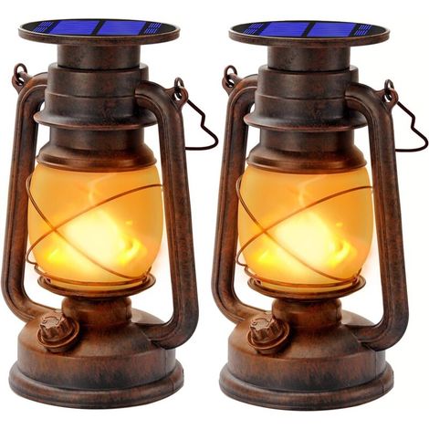 Solarlaternen, LED-Laterne für den Außenbereich, Sturmlaterne mit Flammeneffekt, dekorative LED-Hurrikanlampe, wasserdichtes Retro-Design für Garten, Wege, Landschaft (2 Stück) [Energieklasse A+++]
