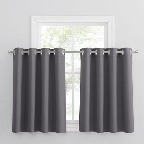 Rideaux Occultant - Court Rideau Thermique Unicolore Petit Draperies à Oeillets Lumineux Bloquer Anti-Bruit pour Cuisine Chambre, L 132 x H 90 cm, Gris, 2 Pièces (1/5)