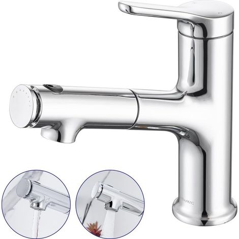 Robinet de lavabo avec extensible Robinet de salle de bain,Mitigeur monocommande pour lavabo à poser avec 3 types de jets d'eau douchette,Chrome (1/5)