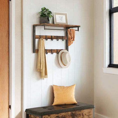 Porte-manteau Mural, avec 10 Crochets Amovibles sur 2 Rangées, Barre de Suspension, pour Entrée, Chambre, Salle de Bain, Marron Rustique et Noir (1/5)
