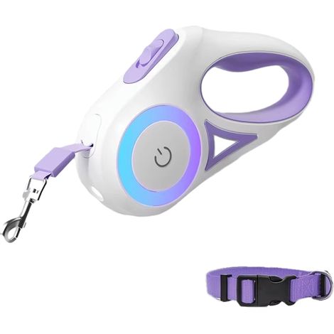 1 laisse rétractable pour chien, 3 m, avec lumière LED, nylon réfléchissant, inclut collier ajustable (S/M/L) (1/5)