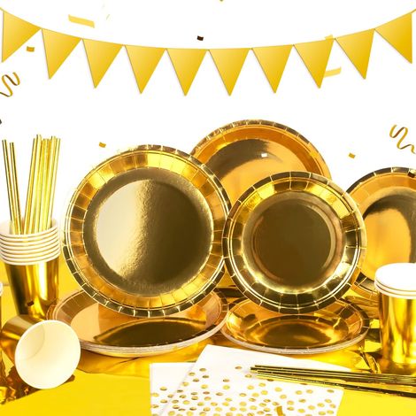 Assiette Jetable Or Comprend Assiettes Gobelets Pailles Serviettes Or Nappe (1/5)