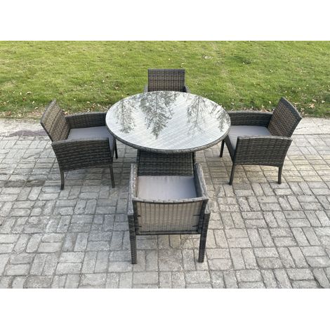 Fimous Wicker PE Outdoor Rattan Garden Furniture Arm Chair And Table Dining Sets 4 Seater Large Round Table Dark Grey Mixed (1/5)
