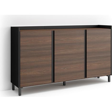 Skraut Home - Credenza, Mobile, Cucina, Madia, mobile ingresso, 156x35x91cm, 3 Porte, Design industriale, LED, Stile moderno, Rovere scuro e Nero (1/5)