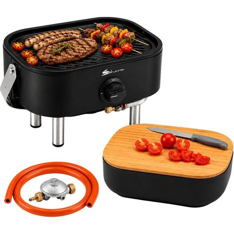 Barbecue à Gaz Portable Compact 2,7kW Grille en Fonte Mini Barbecue de Table Noir Planche à Découper Bois 2 à 4 Personnes Sahara (1/5)