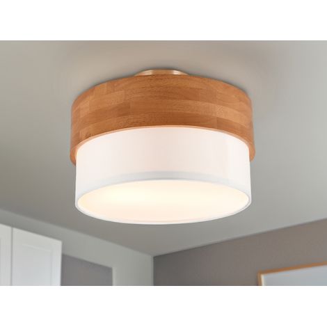 Deckenleuchte mit Holz & Stoffschirm Weiß Ø 30cm inkl. E14 LED (1/5)