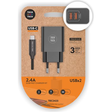TECH ONE TECH Doppeltes Schnellladegerät mit intelligenten 2,4-A-USB-Ausgängen + USB-C-Kabel, schwarze Farbe (1/2)