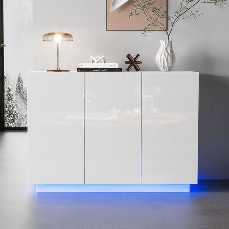 Buffet blanc brillant ouvert et fermé, meuble d’entrée avec éclairage LED au socle, 1204075CM (1/5)