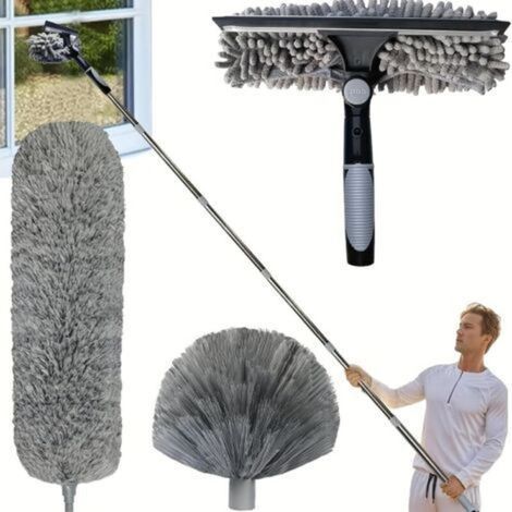 Aspirateur de poussière pour plafond - Ensemble de 4 pièces : nettoyeur de vitres + tête en fibres + brosse à toile d'araignée + manche à 10 sections (1/4)