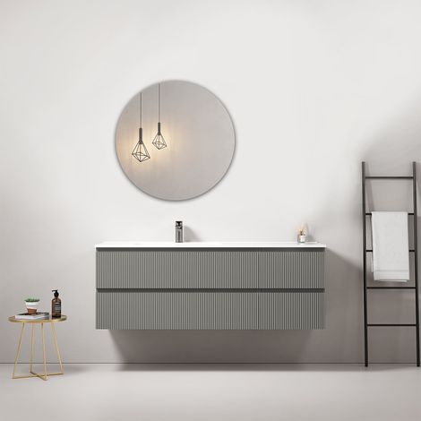 Mobile bagno sospeso cannettato 140 cm Grigio Londra Lavabo a Sinistra in Resina Specchio Tondo - Fiji Paint (1/4)