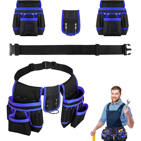 Tool Belt with 26 Pockets and 1 Hammer Ring, Magnetic Tool Bag, Removable and Adjustable, for Electrician Carpenter Construction, Black-Blue (1/5)