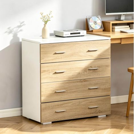 Comò minimalista a 4 cassetti, bianco e legno chiaro, 76 x 35 x 72 cm (1/5)