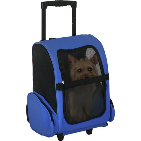 Trasportino Zaino 2 in 1 per Cani e Gatti con Tasche Laterali, Maniglia Telescopica e Ruote, 42x25x55cm, Azzurro (1/5)