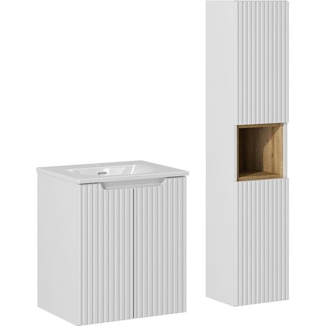 Conjunto de muebles con lavabo individual encastrado 50cm 2 puertas y columna Riva Blanco y Madera
