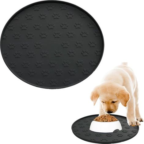 Tapis pour gamelle de chien/chat, en silicone, imperméable, facile à nettoyer (27,5 x 27,5 cm, noir)