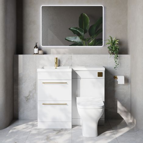 Napoli 390 Gloss White 1000mm 2 Drawer Vanity Unit Toilet Suite with Left Hand Square Lucia Basin - 1000mm - Brushed Brass 320mm HandleWith Kingston Toilet Pan and Seat