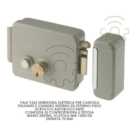Serrure A lectrique Yale pour portails boA te A  droite EntrA e 130 x 105 mm Bouton-poussoir A  cylindre intA rieur et extA rieur de 70 mm Loquet autobloquant complet avec contre-plaque d&39auvent
