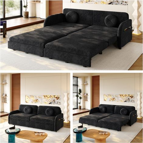 Ausziehbares 3-Sitzer-Schlafsofa 206x84x90 cm aus schwarzem Chenille mit Stauraum – MEUBLIV (1/5)