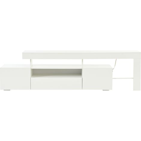 Meuble TV blanc laqué avec 3 armoires, éclairage LED, 192x37x53 cm, pour téléviseurs jusqu'à 85 pouces (1/5)