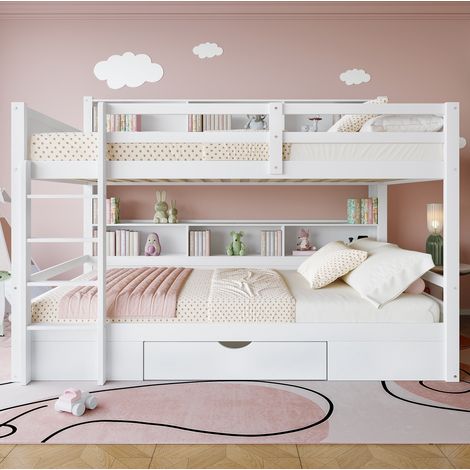 Etagenbett 90x200 cm Weiß aus Kiefernholz und MDF mit Stauraum und Schublade (1/5)