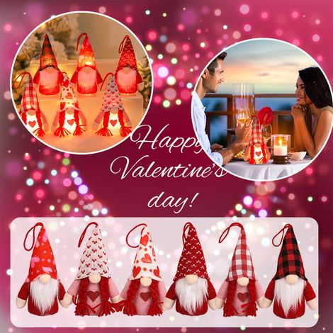 Gnomo di San Valentino in peluche con luci LED, bambola senza volto, 16 cm, rosa, in cotone PP, ideale per ufficio, casa e feste. (1/4)