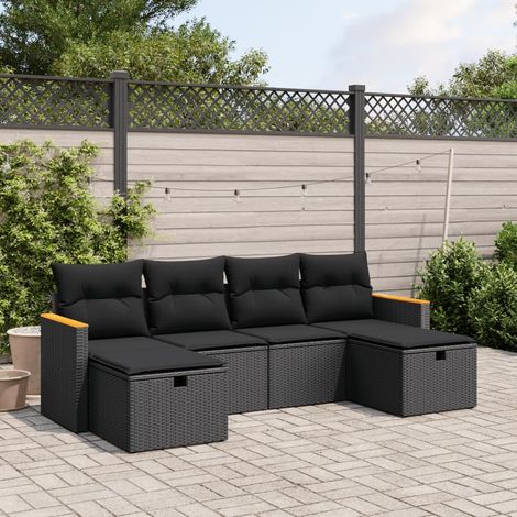 6-tlg. Garten-Sofagarnitur mit Kissen Schwarz Poly Rattan vidaXL (1/4)