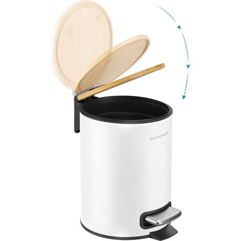 SONGMICS Cestino Piccolo, Pattumiera con Coperchio in Bambù, Pedale in Metallo, Secchio Interno Rimovibile, Chiusura Morbida, Bagno, 3 L, Bianco Nuvola LTB113WZ01 (1/5)
