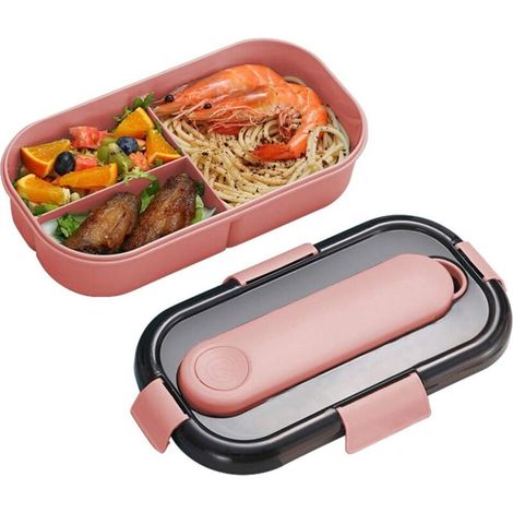 Portapranzo a 3 scomparti con posate, bento box a prova di perdite, bento box con posate, contenitori per alimenti con cucchiaio e forchetta, adatto per essere portato in giro (rosa) - Fei Yu (1/5)