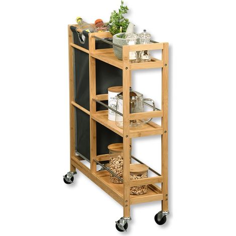 Étagère de Niche à roulettes avec collecteur de Bouteilles, matériau: Bambou, Polyester, Dimensions : l 20 cm, H 78 cm, P 68 cm, Couleur : Naturel, Gris 24857 13 (1/5)