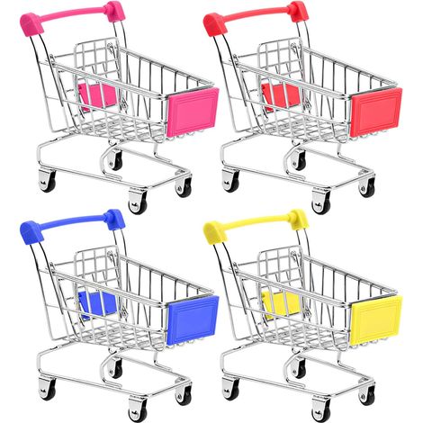 Mini Chariot De Supermarché - Métal Robuste Avec Roues Lisses - Pour Jeux De Rôle Et Rangement - Lot De 4 Couleurs (1/5)