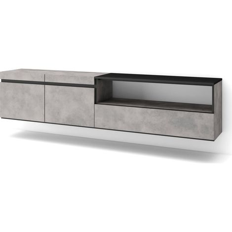 Meuble TV Banc Télé Grand Espace de Rangement 200x45x35cm pour Les TV jusqu'à 80" Suspendu, Mural Style Moderne Ciment (1/5)