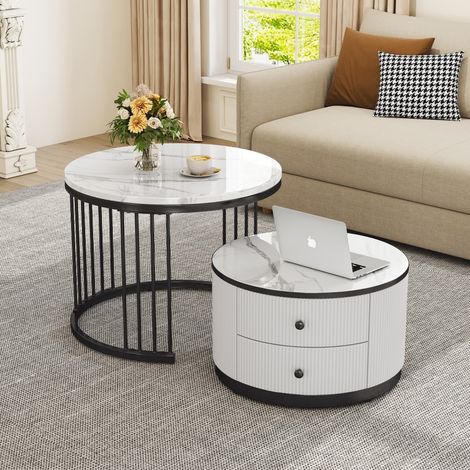 Lot de 2 Tables Basses Gigognes - 60x60x45.5cm et 50x50x32cm - Plateau Effet Marbre High Gloss 2 Tiroirs - Blanc et Noir (1/5)