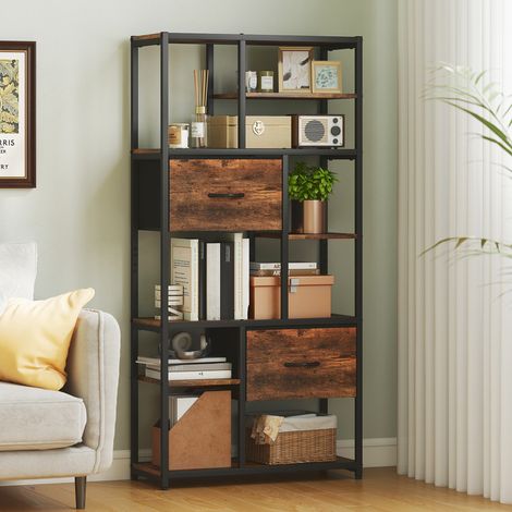 Étagère de rangement, 2 tiroirs en tissu, 9 compartiments ouverts, étagère autoportante avec structure en acier, marron et noir