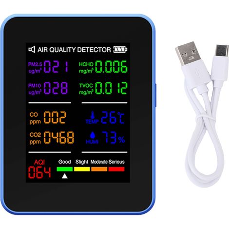 Eosnow Luftqualitätsmonitor 10IN1 Innentemperatur- und Luftfeuchtigkeitsdetektor Multifunktionstester Sensortechnologie CO2/CO/TVOC/HCHO Unterstützt APP-Bedienung 2,8-Zoll-TFT-Farbdisplay Blau Schwarz