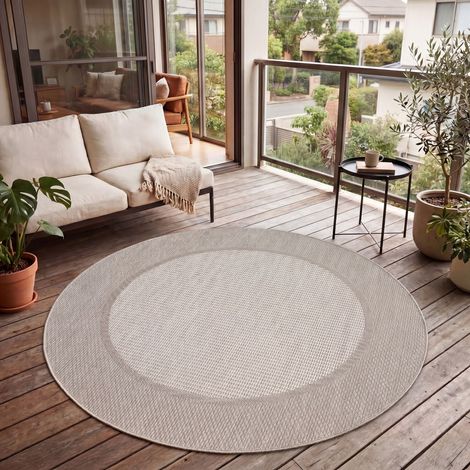 Paco Home Tappeto Per Esterno Da Balcone Terrazza Tappeto Cucina Moderno Boho Etnico Ø 160 cm tondo, Beige 7 (1/5)